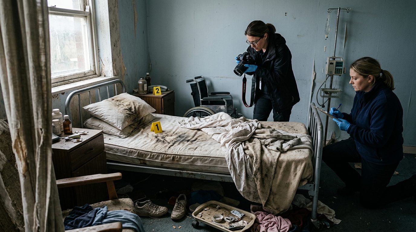 Investigators photograph and mark evidence of neglect in a nursing home resident's room.