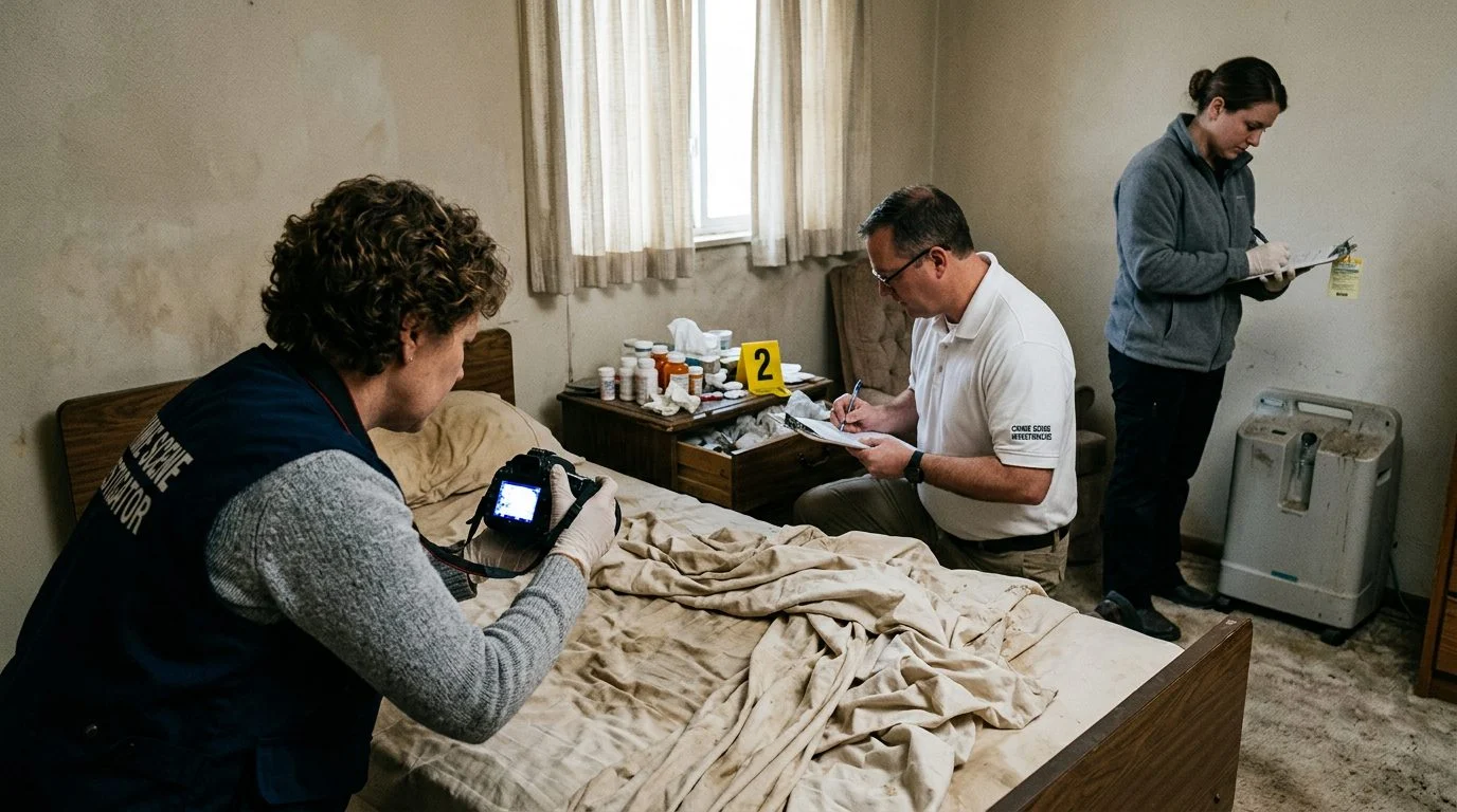 Investigators photograph and mark evidence of neglect in a nursing home resident's room.