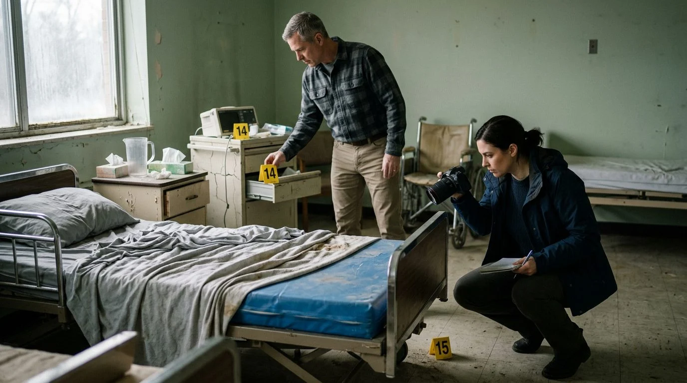 Investigators photograph and mark evidence of neglect in a nursing home resident's room.