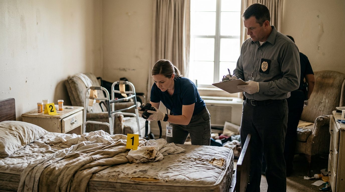 Investigators photograph and mark neglect evidence, such as soiled bedding and unmaintained medical equipment, in a nursing home resident's room.