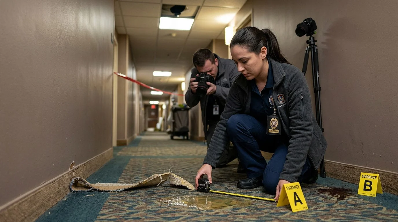 Investigators photograph and measure a hotel corridor's worn carpet edge and spilled liquid, marked with evidence markers.
