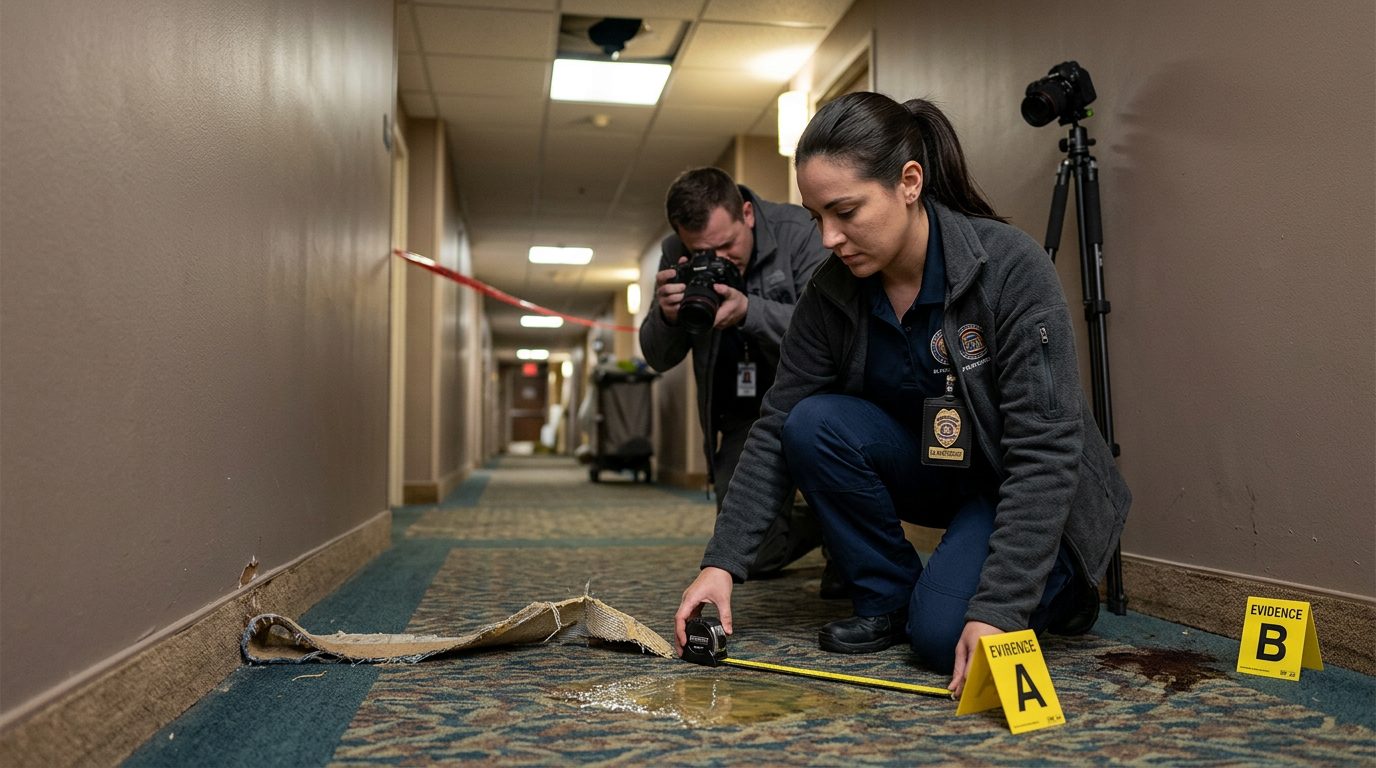 Investigadores fotografían y miden el borde desgastado de una alfombra en un pasillo de hotel, junto a un líquido derramado y marcadores de evidencia.