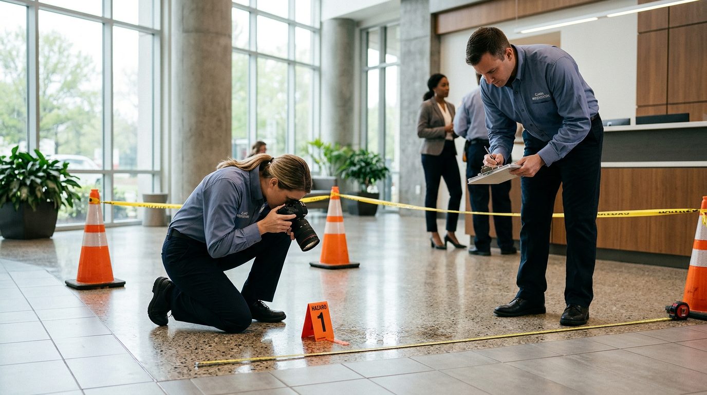 Investigators photograph and measure a wet floor hazard at the scene of a slip-and-fall accident inside a commercial building.