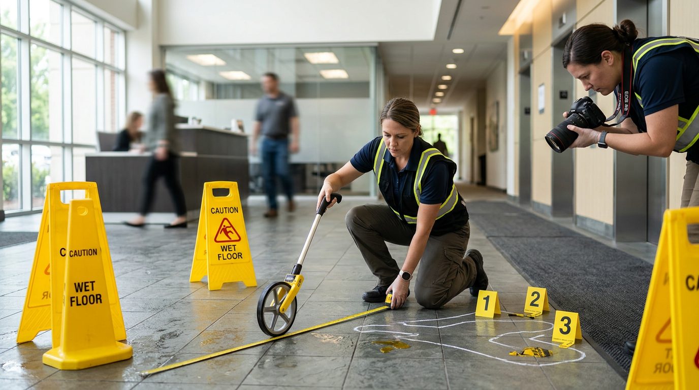 Investigators photograph and measure a wet floor hazard inside a commercial building.
