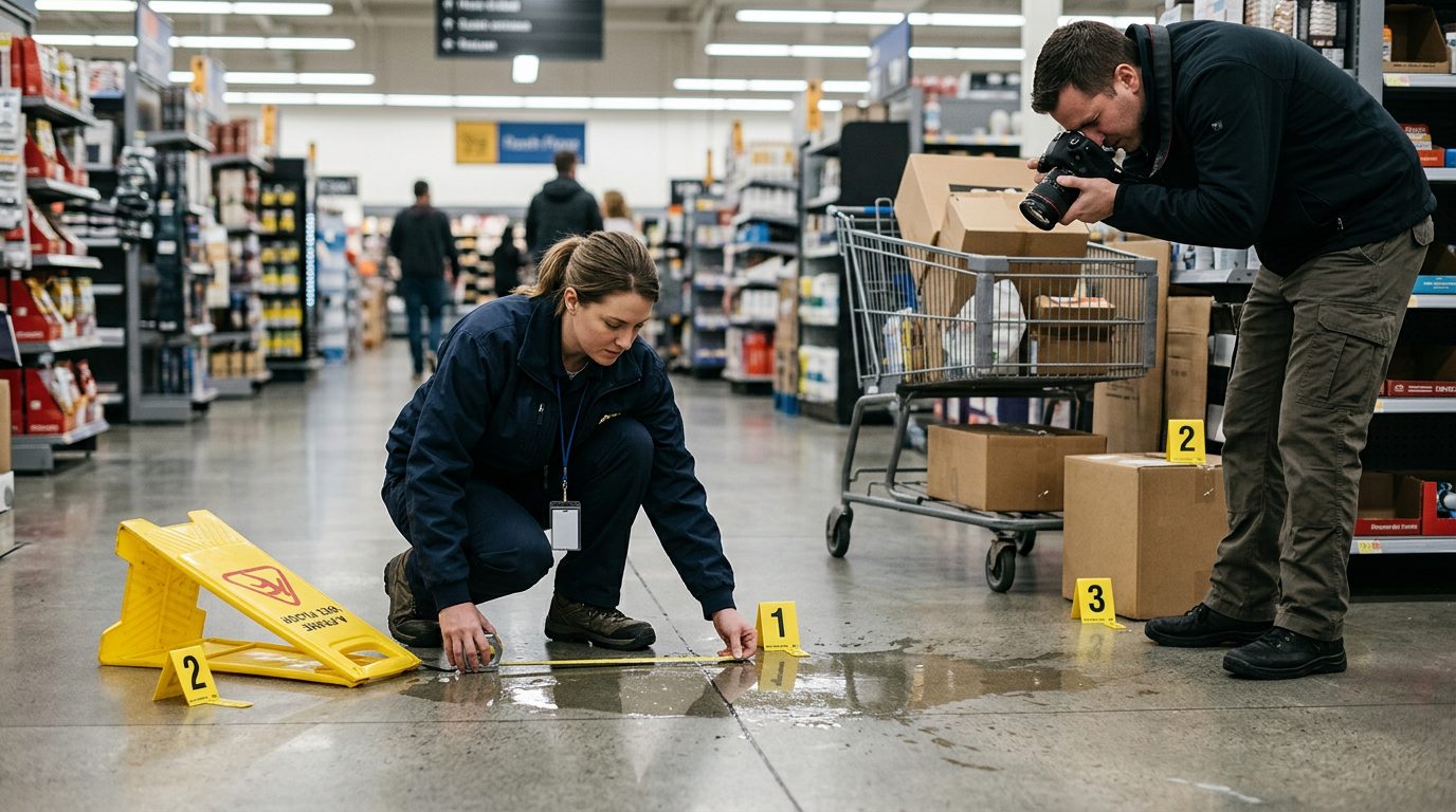 Investigators photograph and measure a wet, obstructed store aisle with evidence markers beside a missing warning sign.