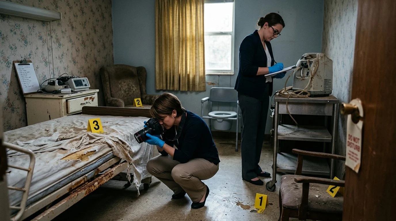 Investigators photograph bedding, hygiene conditions, and medical equipment in a nursing home resident's room, marking evidence.