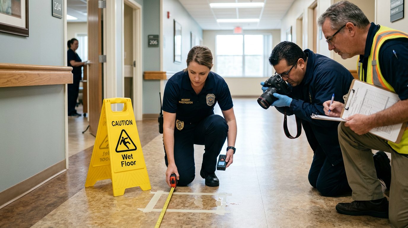Investigators photograph flooring and measure a hazard marker at a slip-and-fall scene in a commercial interior.