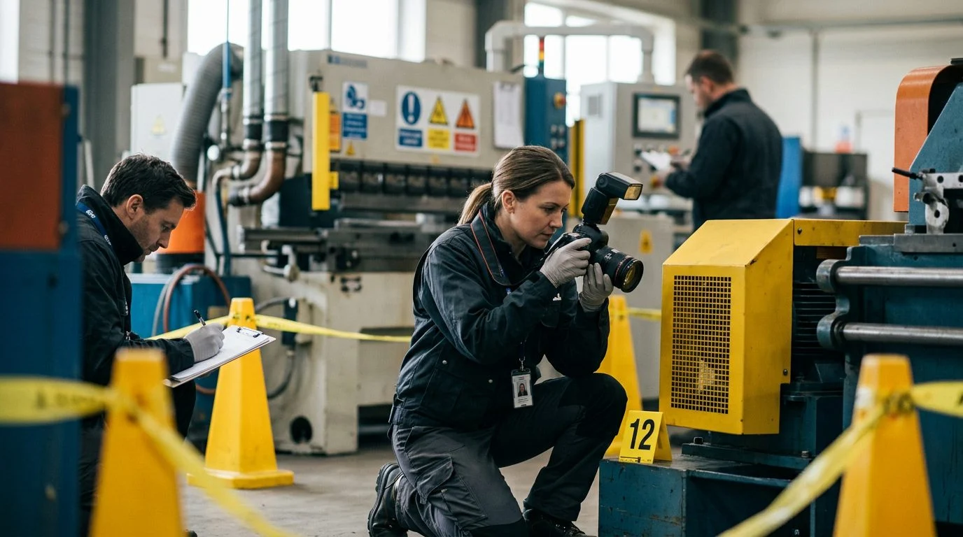 Investigators photograph machinery guards and evidence markers at a workplace accident scene.