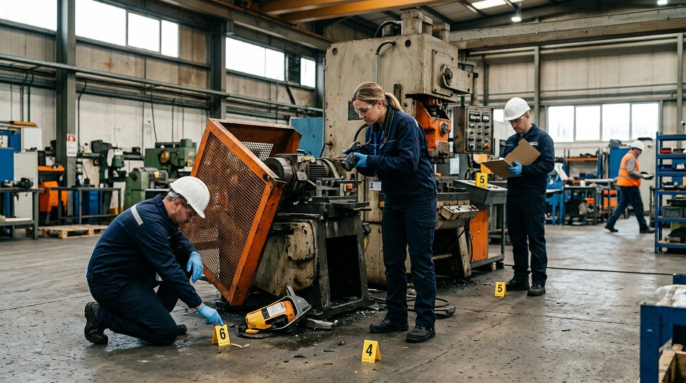 Investigadores fotografían maquinaria, equipo de seguridad y marcadores de evidencia en el lugar de un accidente laboral.