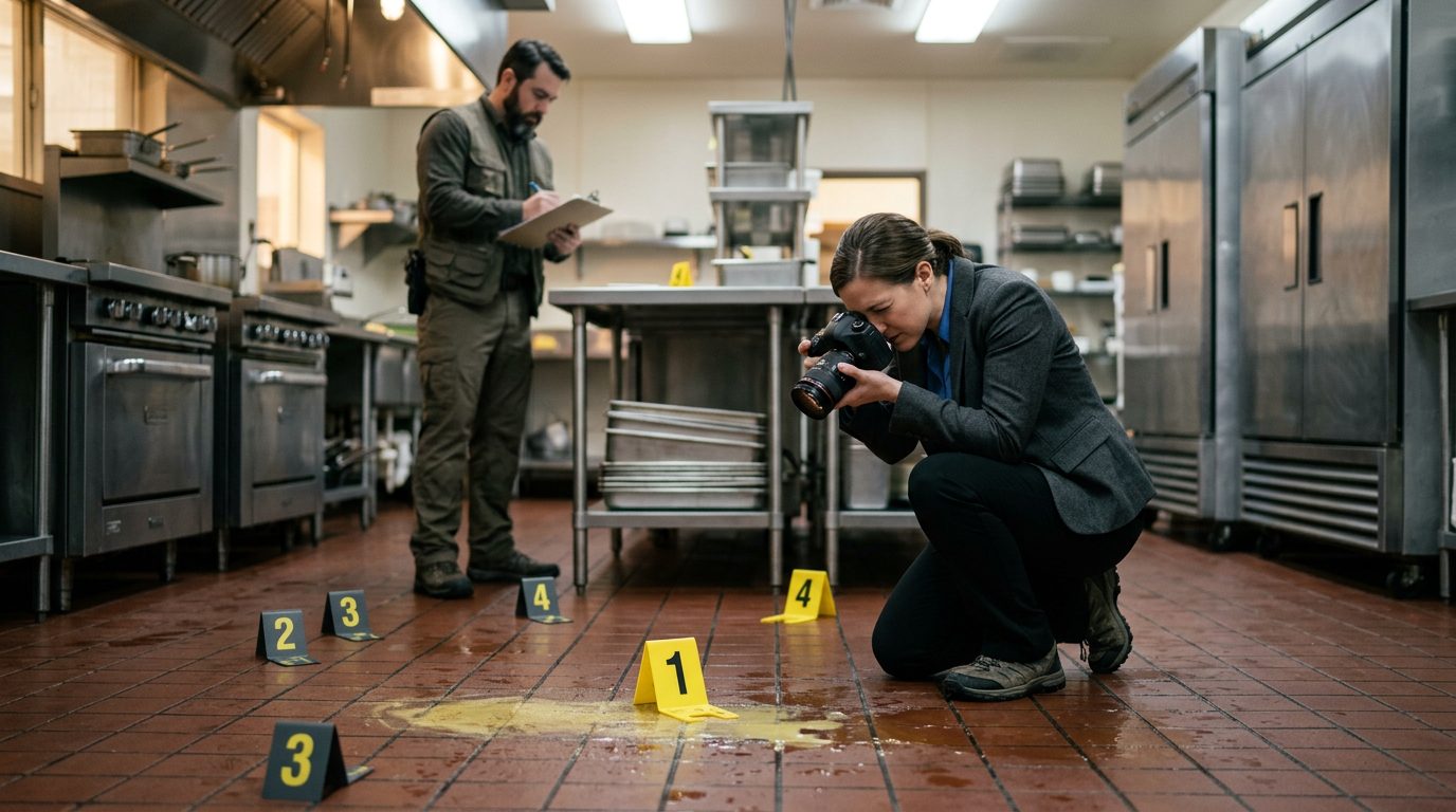 Investigators photographing a wet, greasy commercial kitchen floor with evidence markers placed at a slip-and-fall spot.