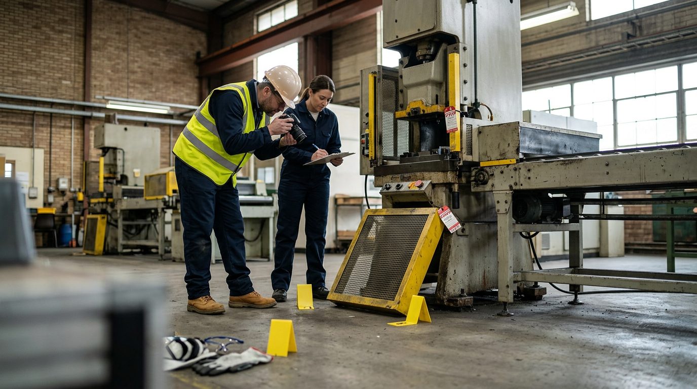 Investigators photographing machinery guards, safety equipment, and evidence markers at a workplace accident site.