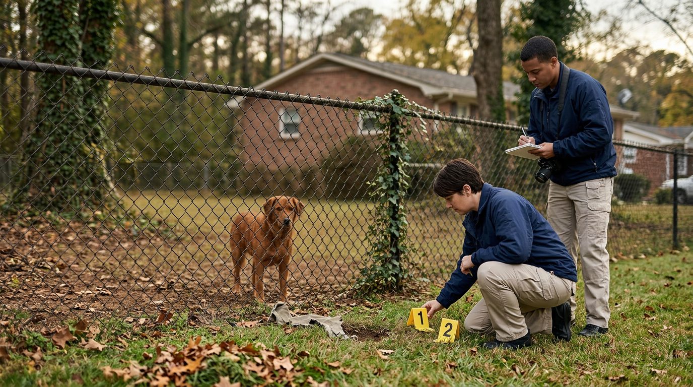 Investigators place evidence markers around a residential yard where a dog stands behind a fence.
