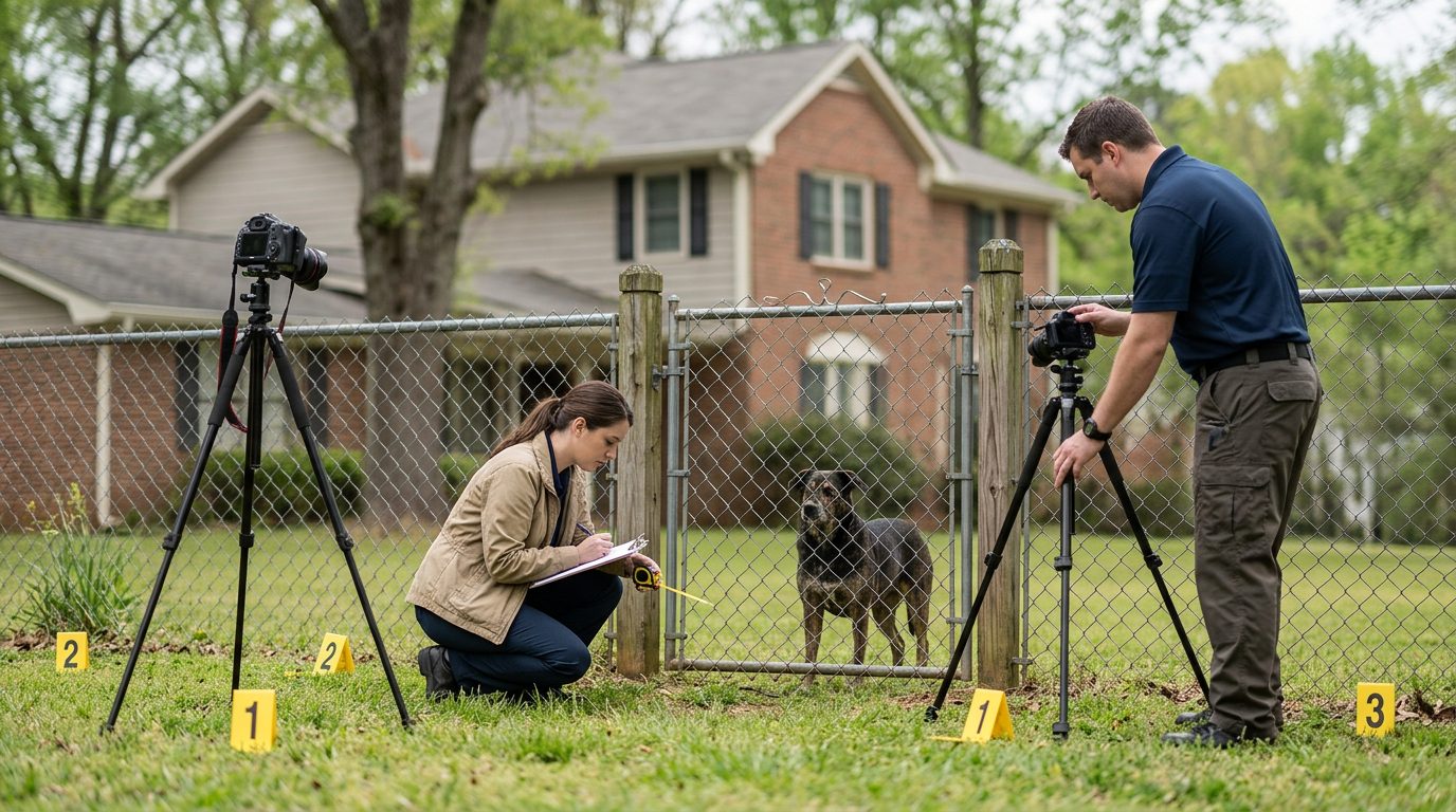 Un perro de pie detrás de una valla mientras los investigadores colocan marcadores de evidencia en el patio.