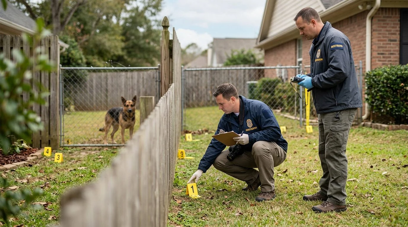 Investigators place evidence markers in a residential yard while a dog stands behind a fence.