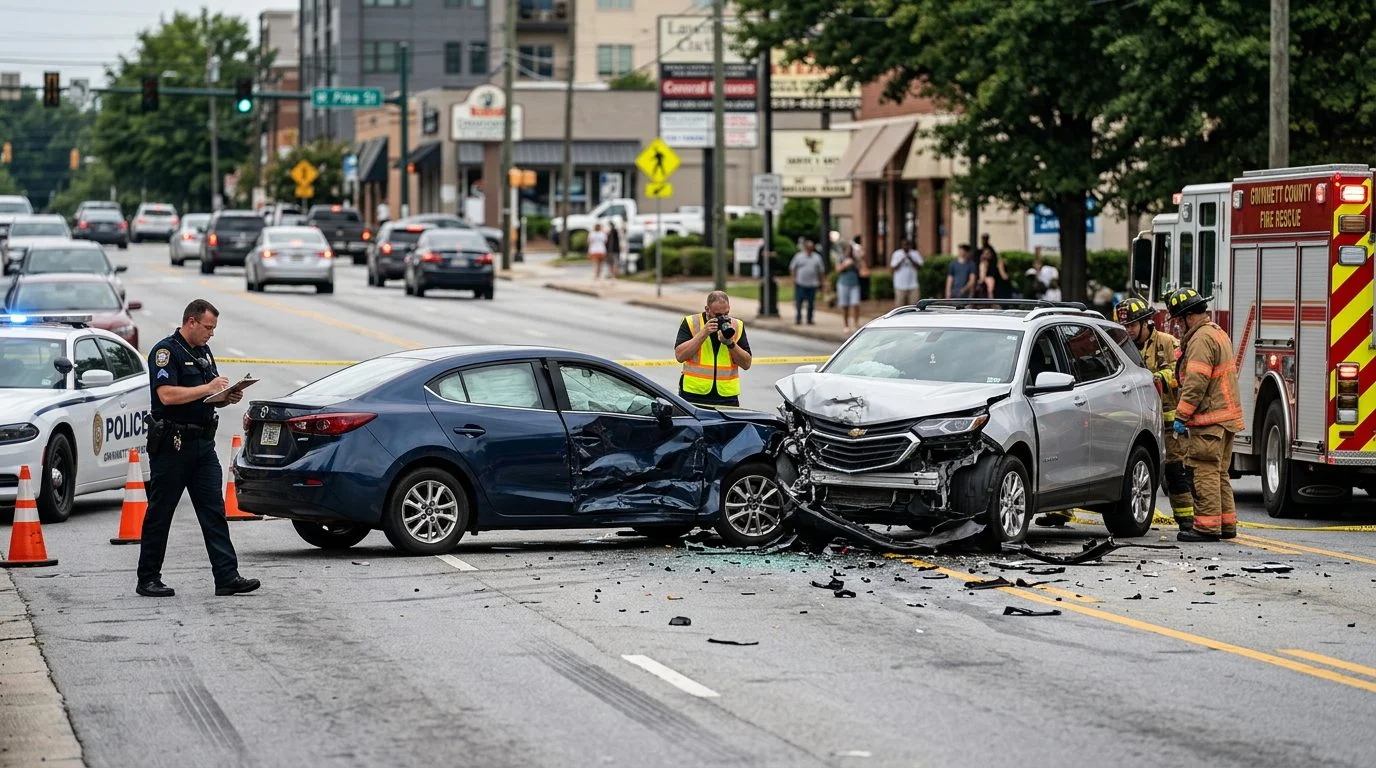 Lawrenceville GA Car Accident Attorneys | Slam Dunk Attorney. a traffic accident scene on a city street with vehicle damage, emergency vehicles, and investigators documenting the incident