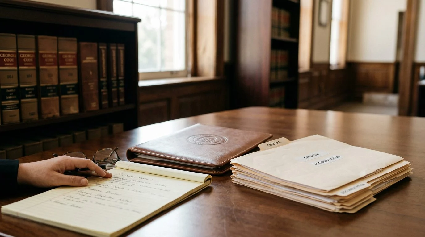 Legal documents and a pen arranged on a desk in a professional office setting.
