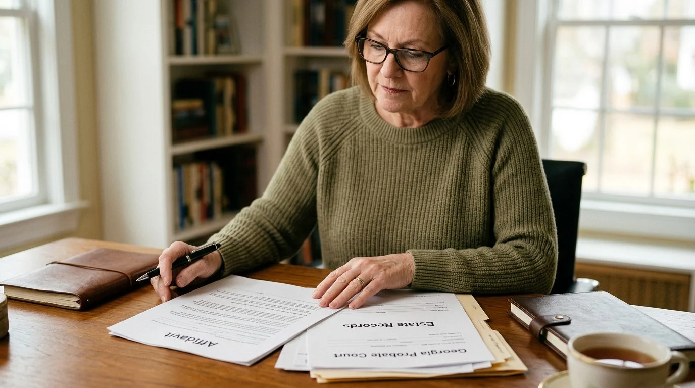 Legal documents and a pen arranged on a wooden desk.