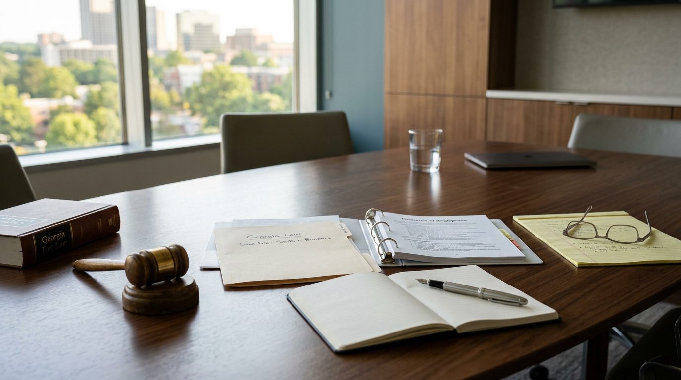 Documentos legales, un bolígrafo y un mazo de juez sobre un escritorio junto a libros de derecho.