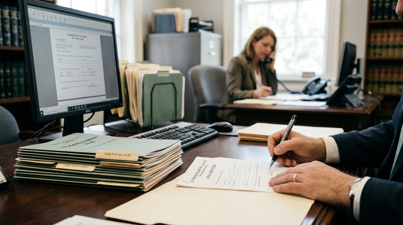 Documentos legales, un bolígrafo y una laptop sobre un escritorio de oficina.