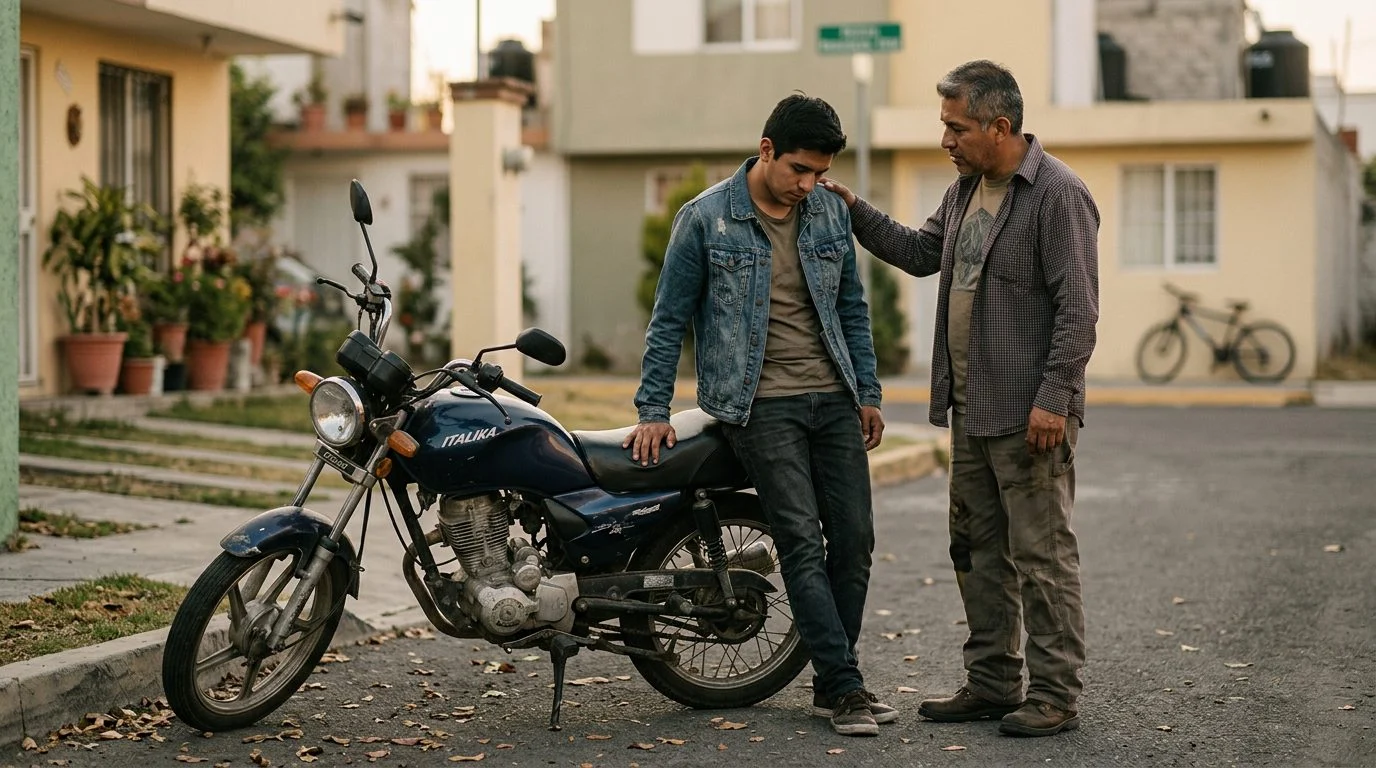 Motocicleta estacionada en la calle después de un accidente.
