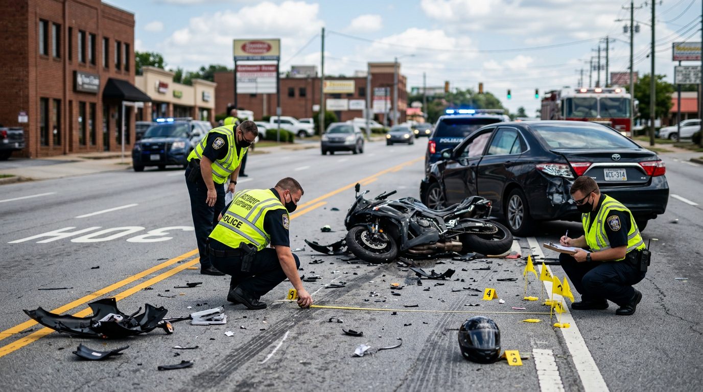 Motorcycle accident scene on a city street with vehicle debris, road markings, and investigators documenting the collision.