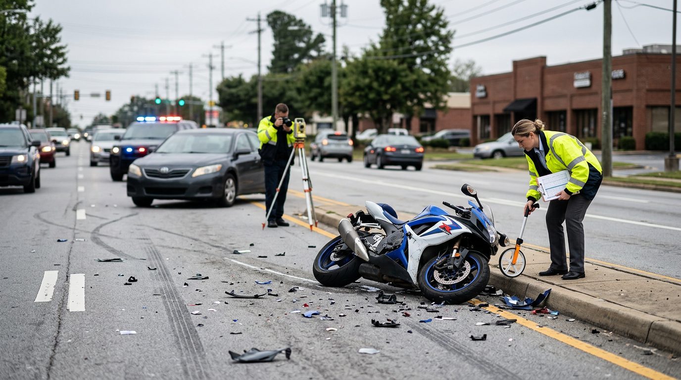 Escena de un accidente de motocicleta en una calle urbana, con restos de vehículos y agentes documentando el choque.