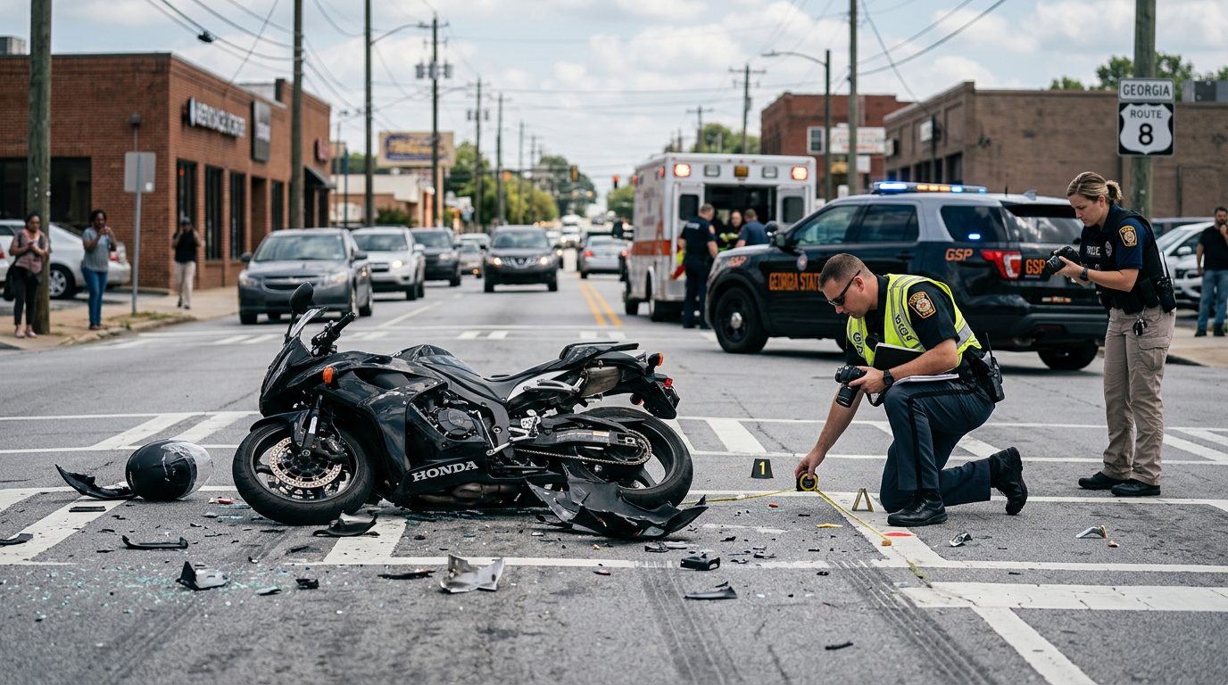Motorcycle accident scene on a city street with vehicle debris, road markings, and investigators documenting the collision.