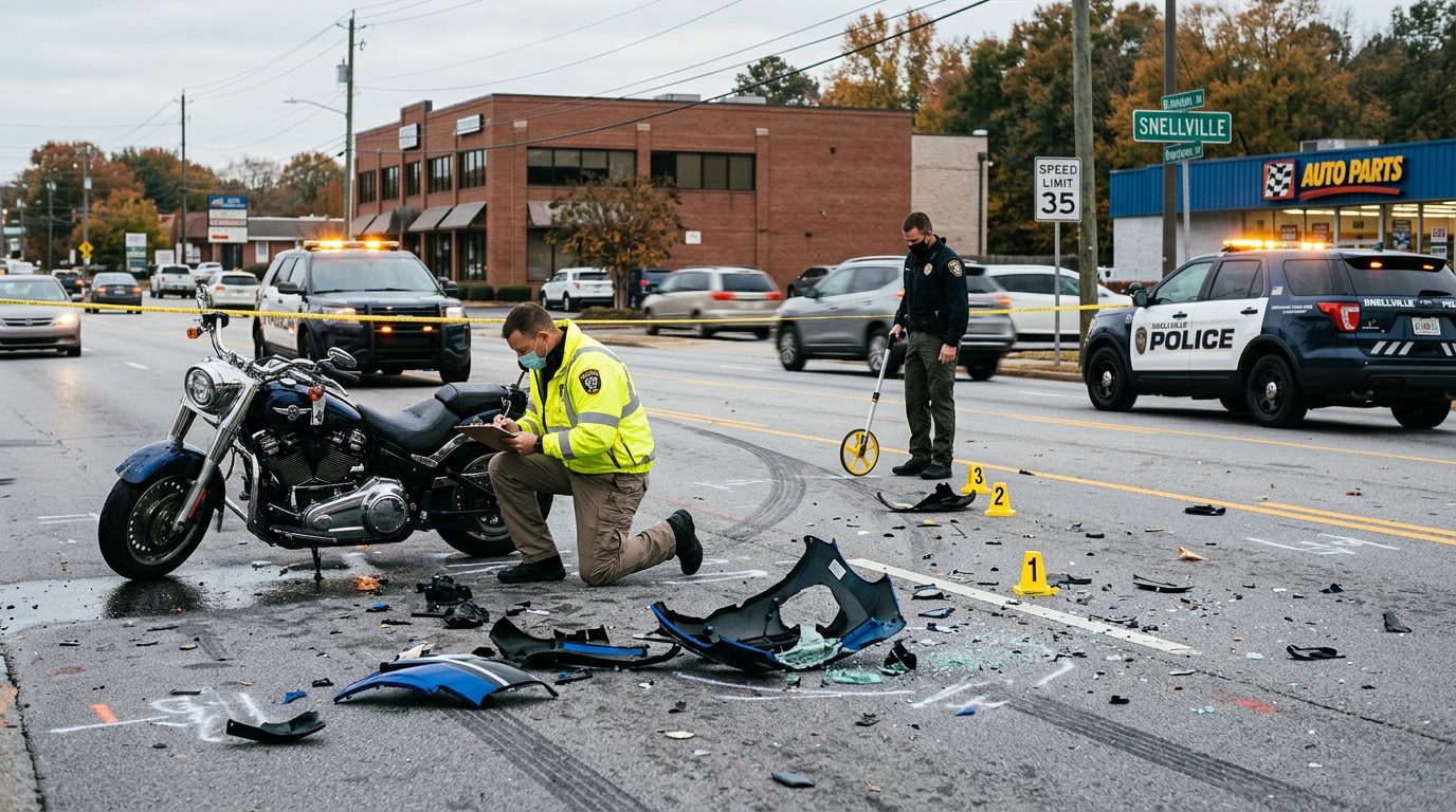 Escena de accidente de moto en una calle urbana, con restos de vehículos y agentes documentando el choque.
