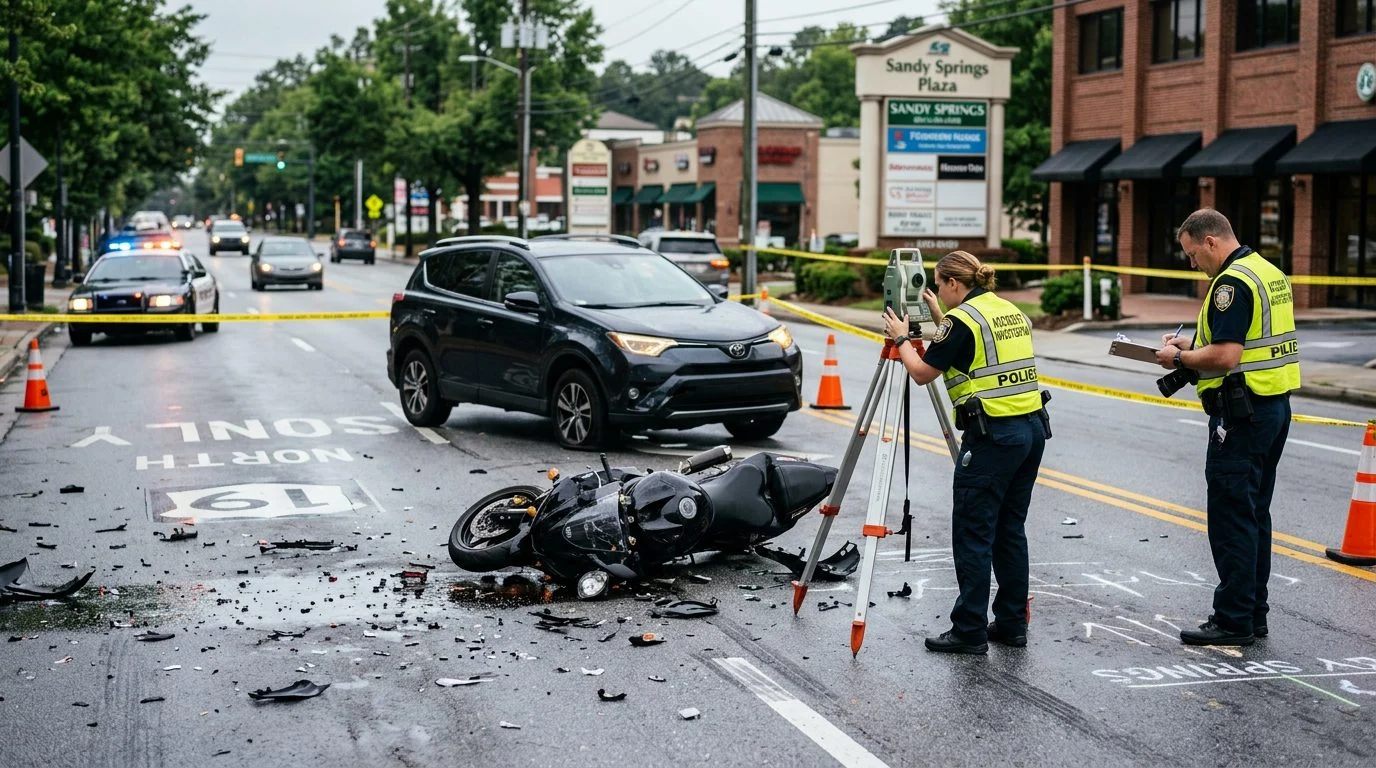 Motorcycle accident scene on a city street with vehicle debris, road markings, and investigators documenting the collision.
