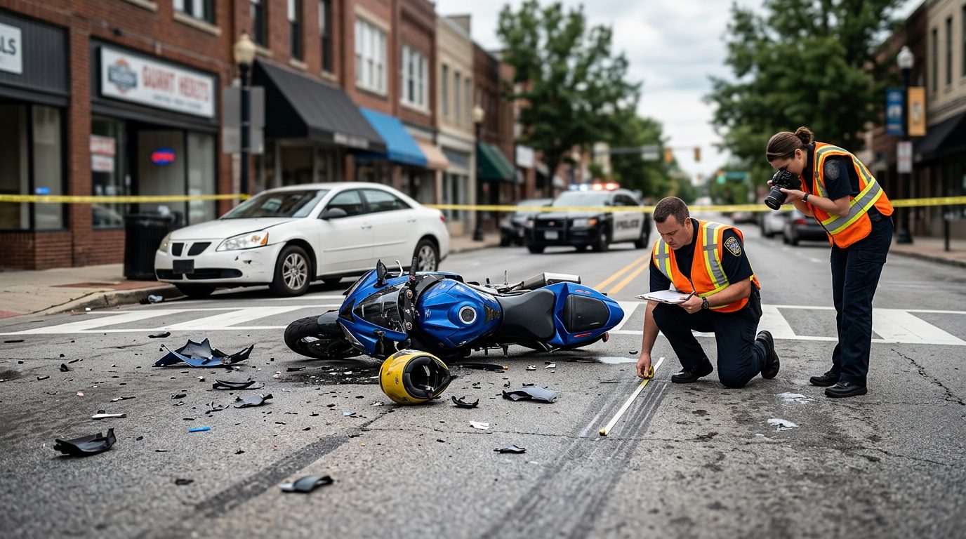 Motorcycle accident scene on a city street with vehicle debris, and investigators documenting the collision site.