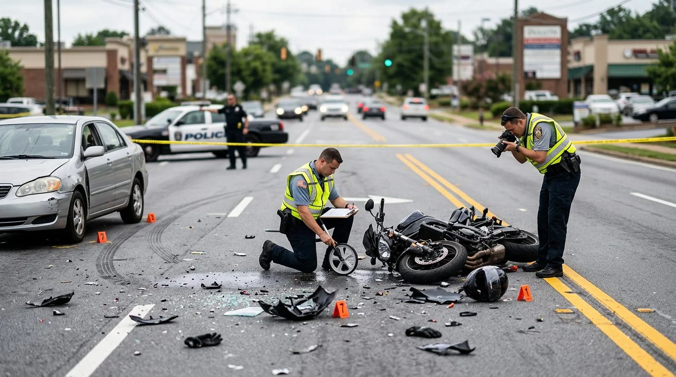 Motorcycle accident scene on a city street with vehicle debris, road markings, and investigators documenting the site.