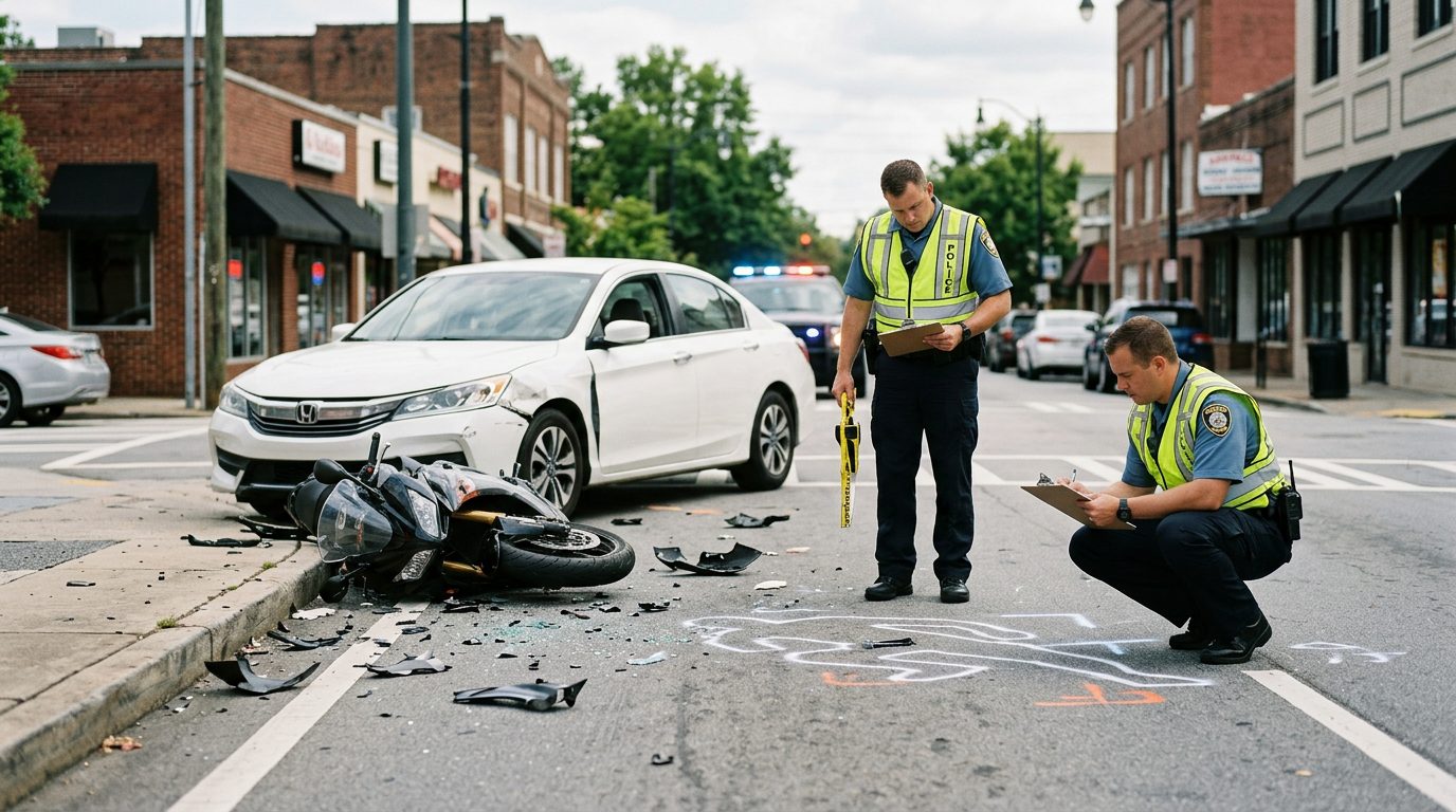 Motorcycle accident scene on a city street with vehicle debris, with investigators documenting the collision site.
