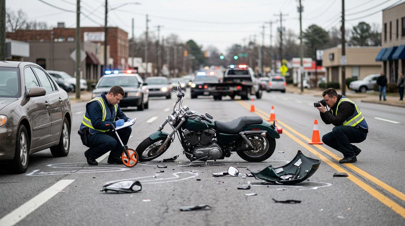 Escena de un accidente de motocicleta en una calle de la ciudad, con restos de vehículos y agentes documentando el lugar del choque.