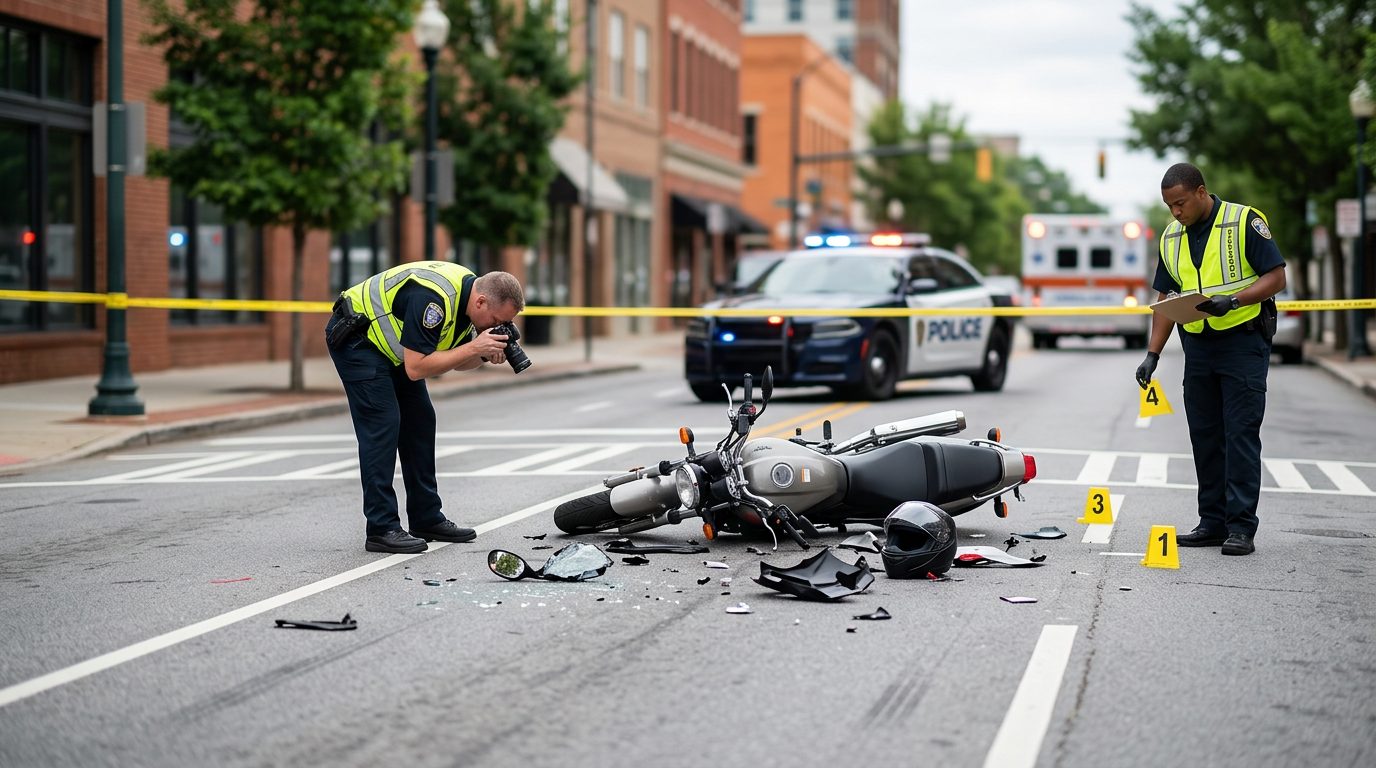 Motorcycle accident scene on city street with debris and investigators documenting collision.