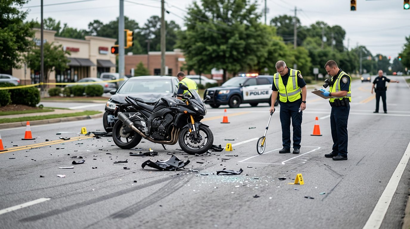 Motorcycle accident scene on city street with debris and investigators documenting collision.