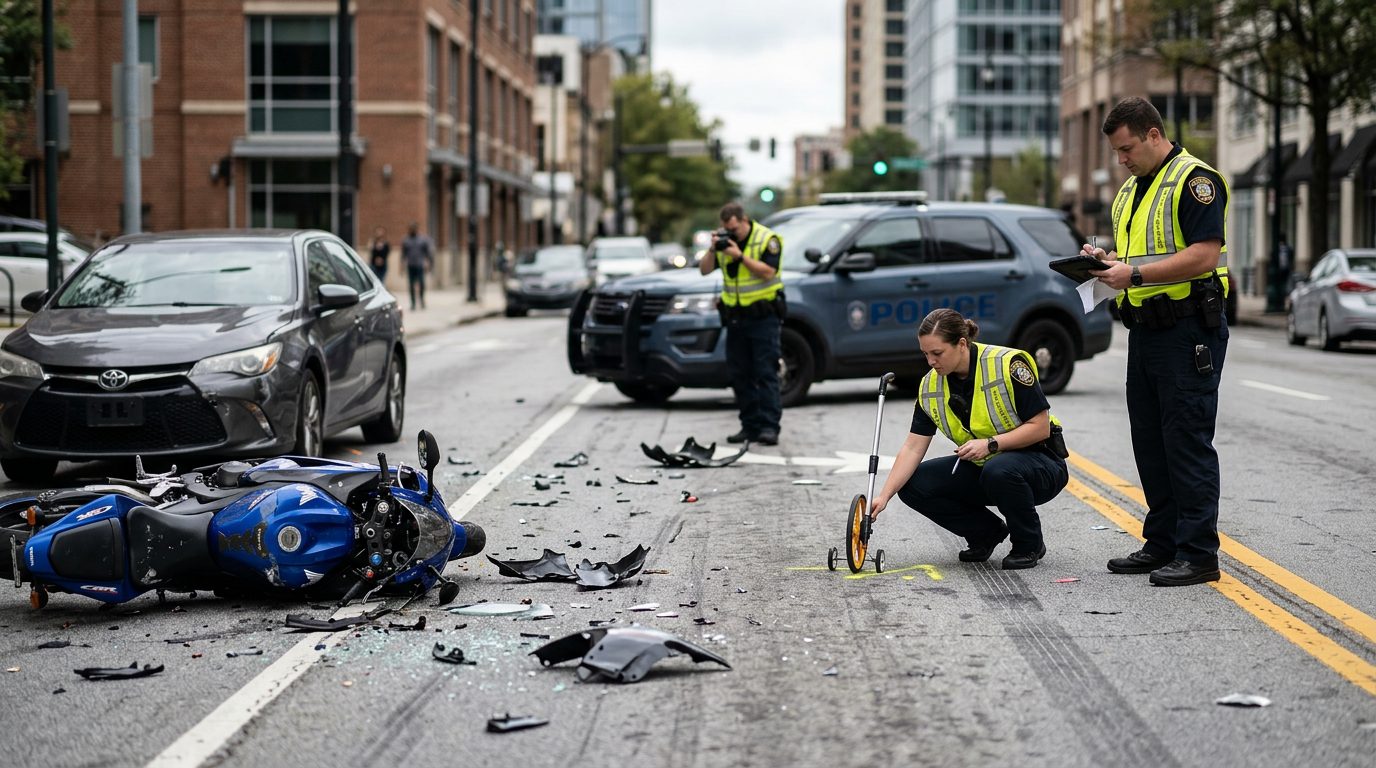 Motorcycle accident scene on city street with debris and investigators documenting collision.