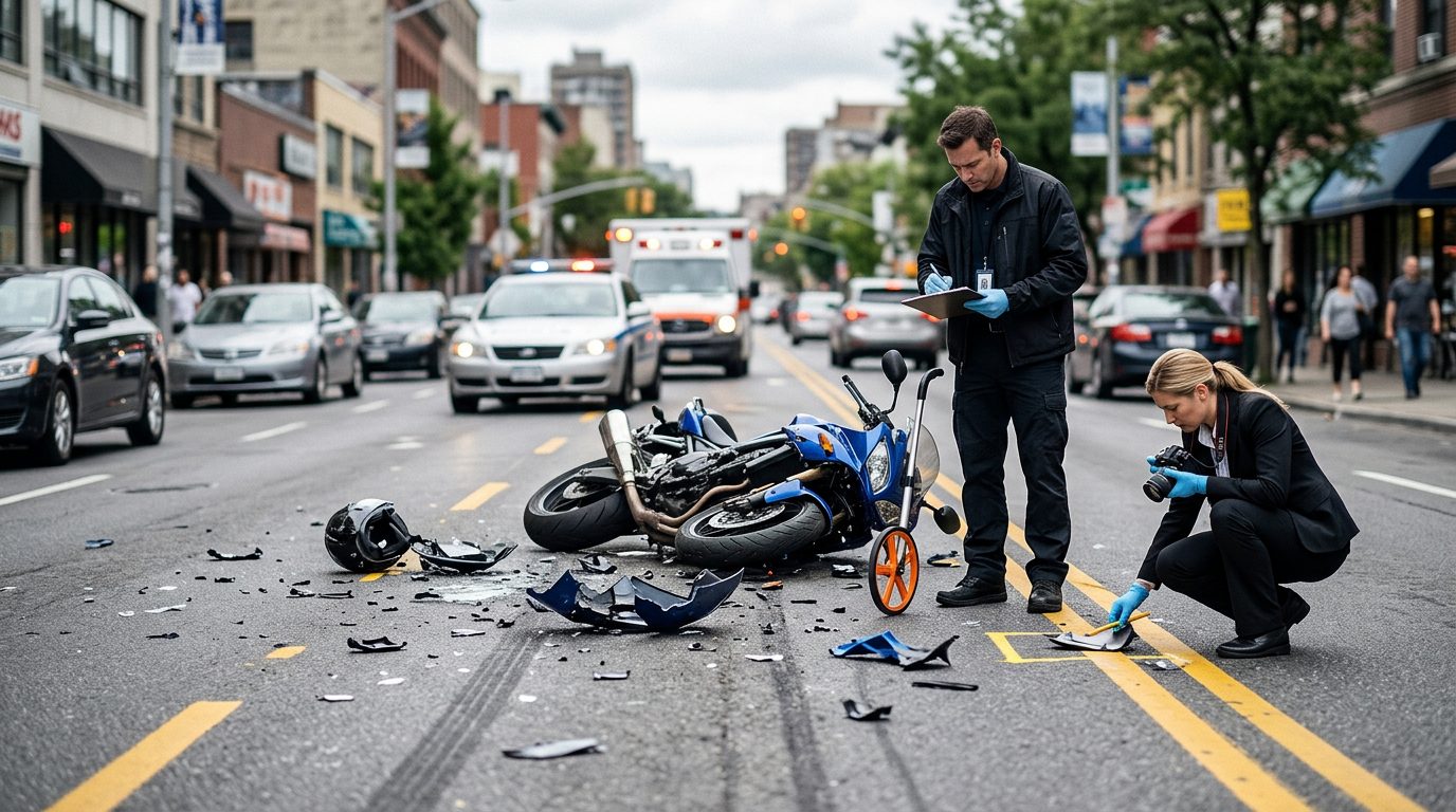 Motorcycle accident scene on city street with debris and investigators documenting the collision.