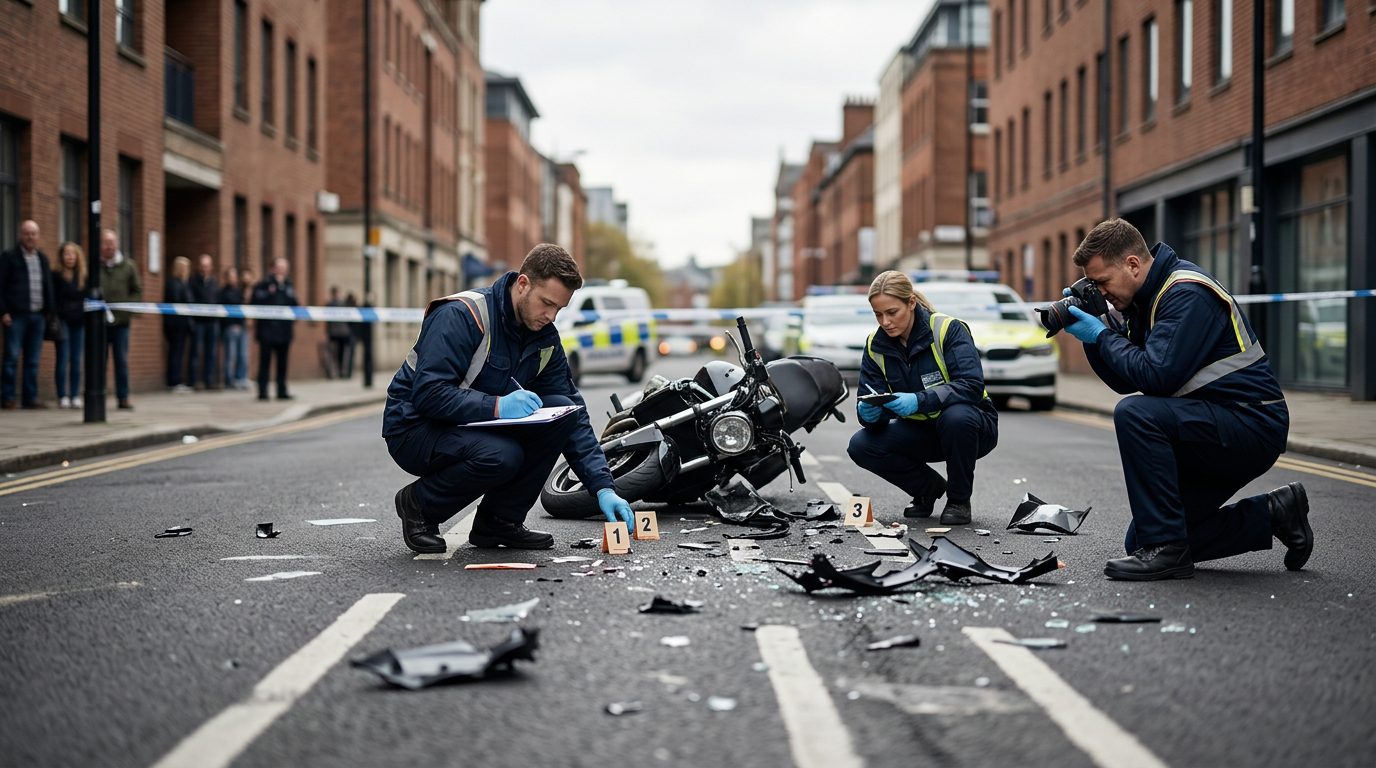 Motorcycle accident scene on city street with debris and investigators documenting collision.