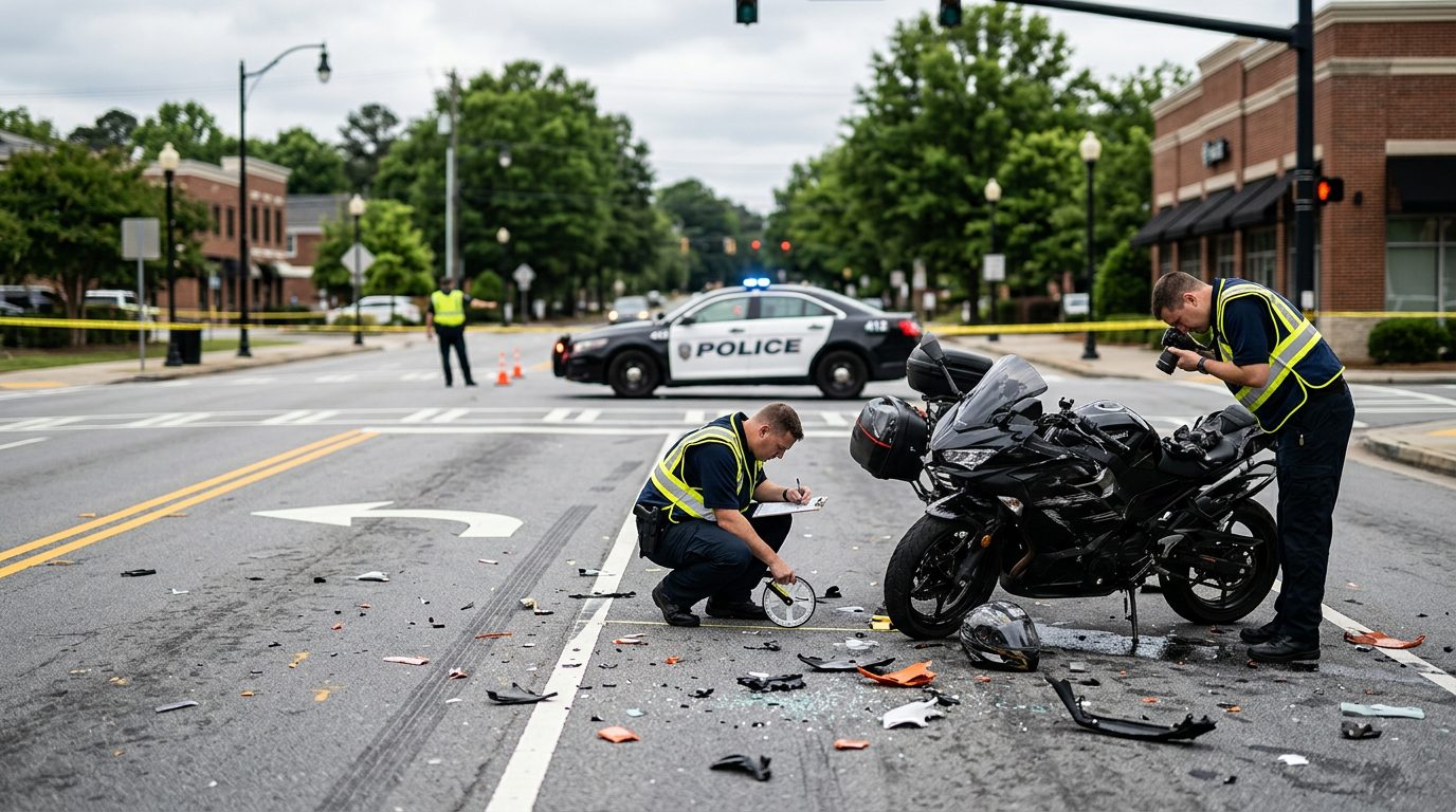 Motorcycle accident scene on city street with debris and investigators documenting collision.