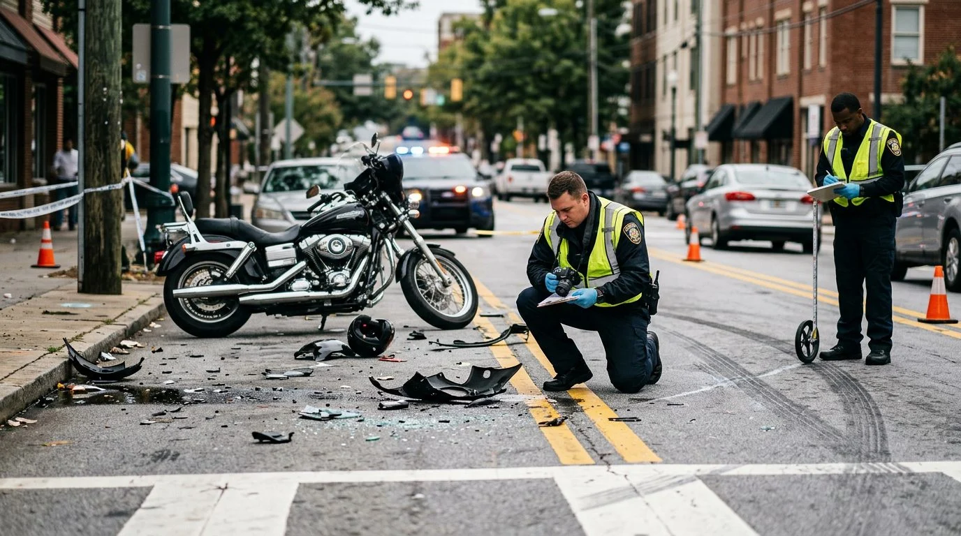 Motorcycle accident scene on city street with debris and investigators documenting the collision.