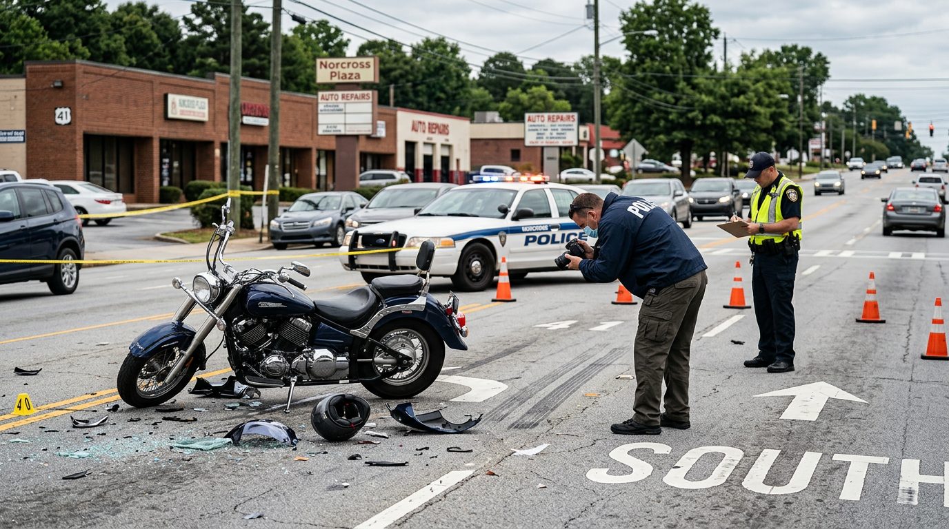Motorcycle accident scene on city street with debris and investigators documenting collision.