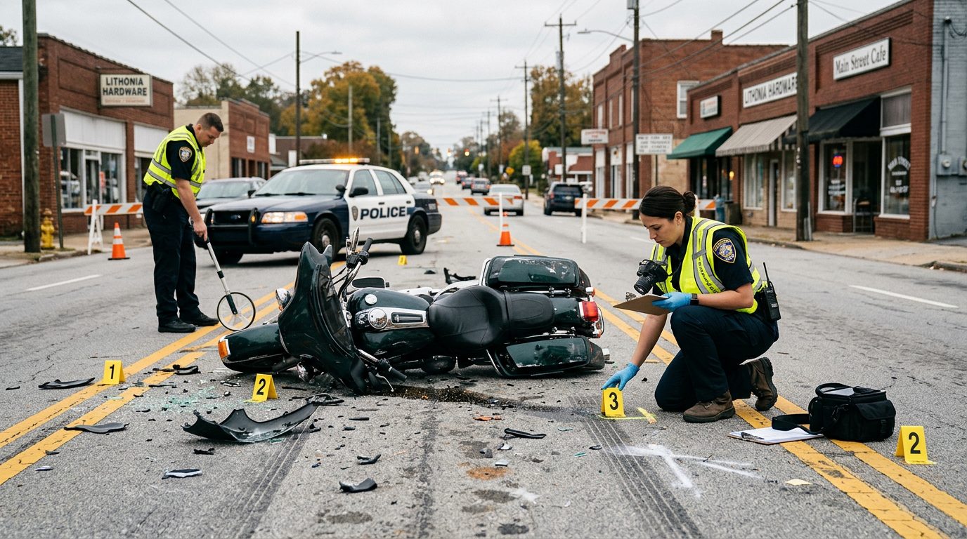 Motorcycle accident scene on city street with debris and investigators documenting collision.