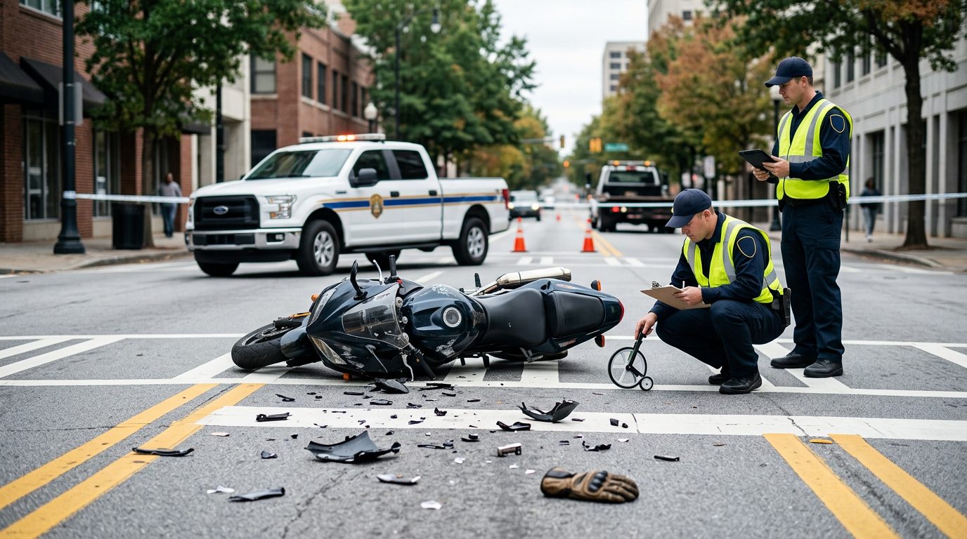 Motorcycle accident scene on city street with debris and investigators documenting collision.