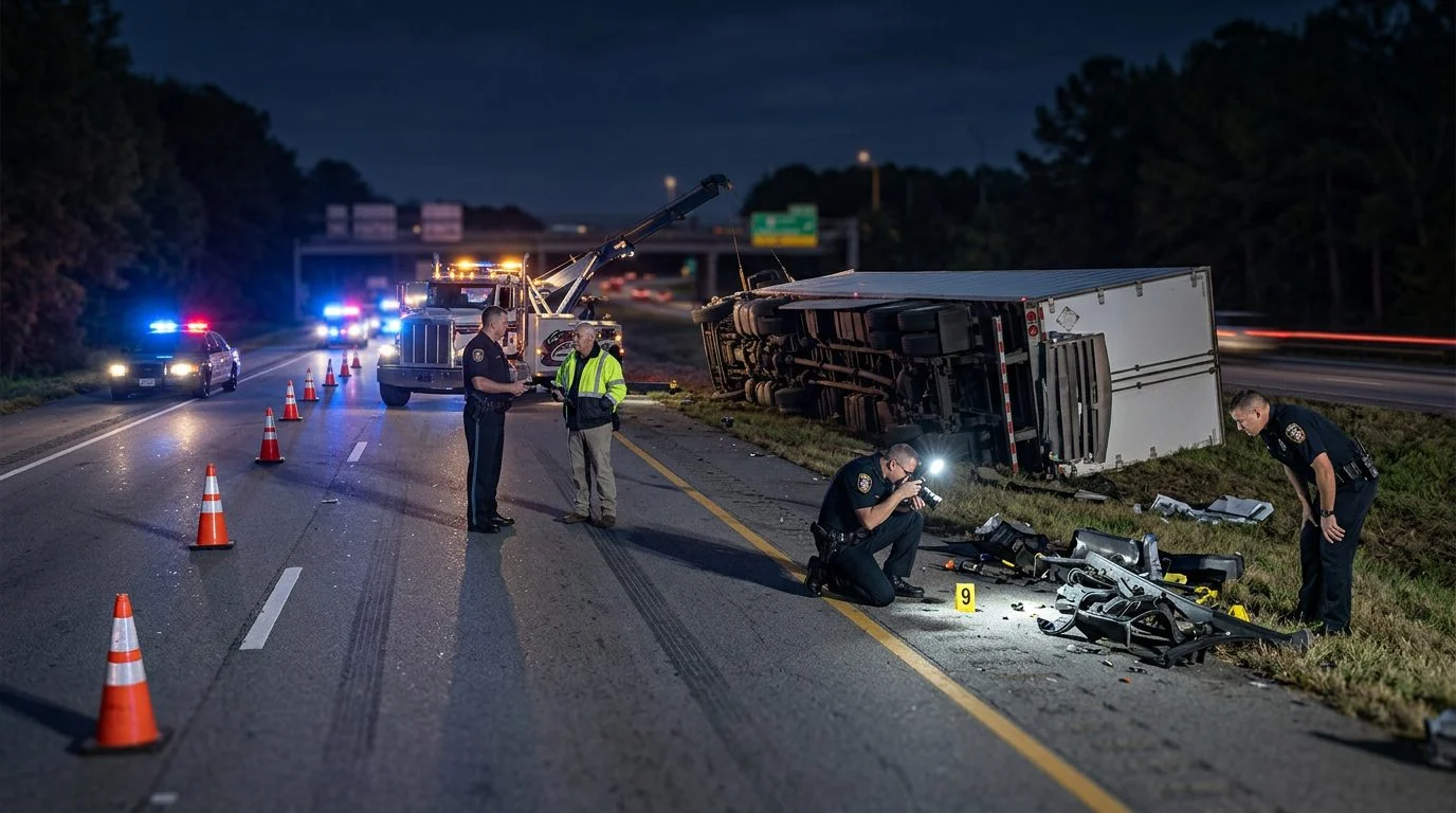 Nighttime highway accident scene with commercial truck, police officers, and evidence markers.