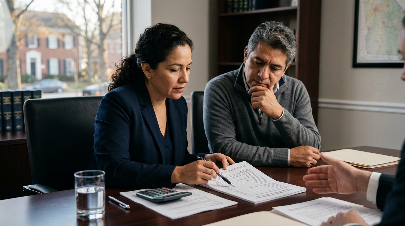 Oficina legal con documentos de casos de muerte injustificada y profesionales revisando expedientes.