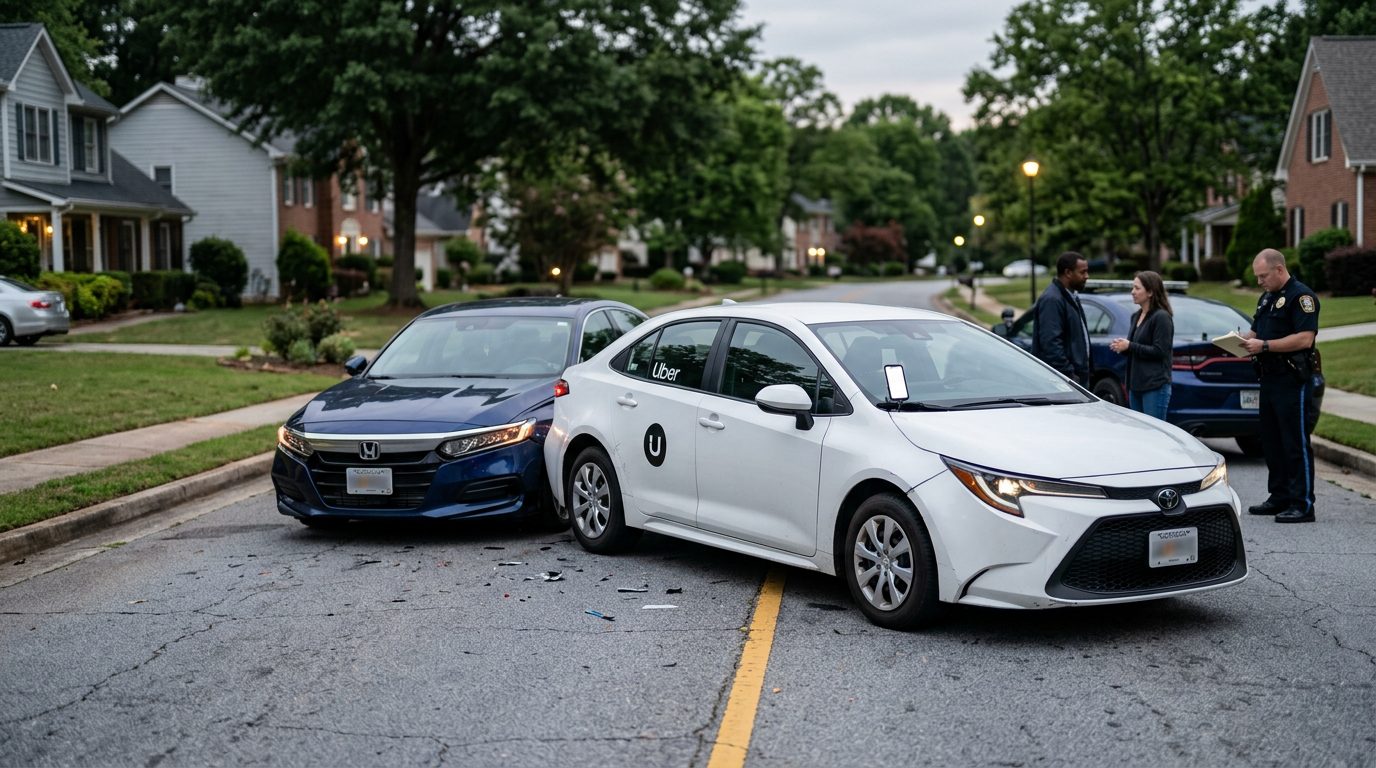 Parked and moving vehicles on a Georgia road, with a rideshare car at an intersection under overcast skies.