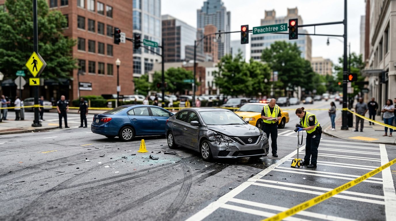 Escena de un atropello en una intersección urbana, con un vehículo dañado, conos de tráfico e investigadores documentando el lugar del choque.