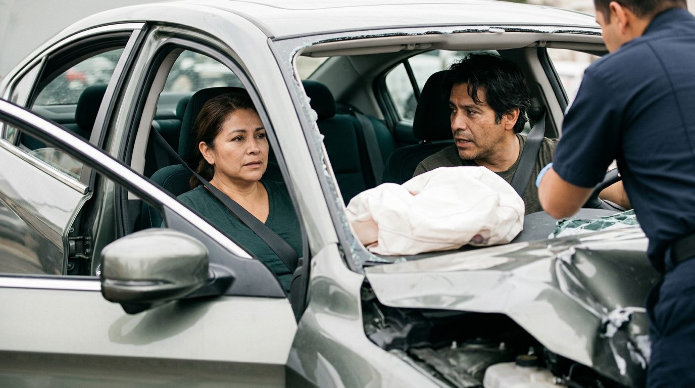 Persona lesionada en accidente automovilístico con airbags desplegados dentro de sedán dañado.