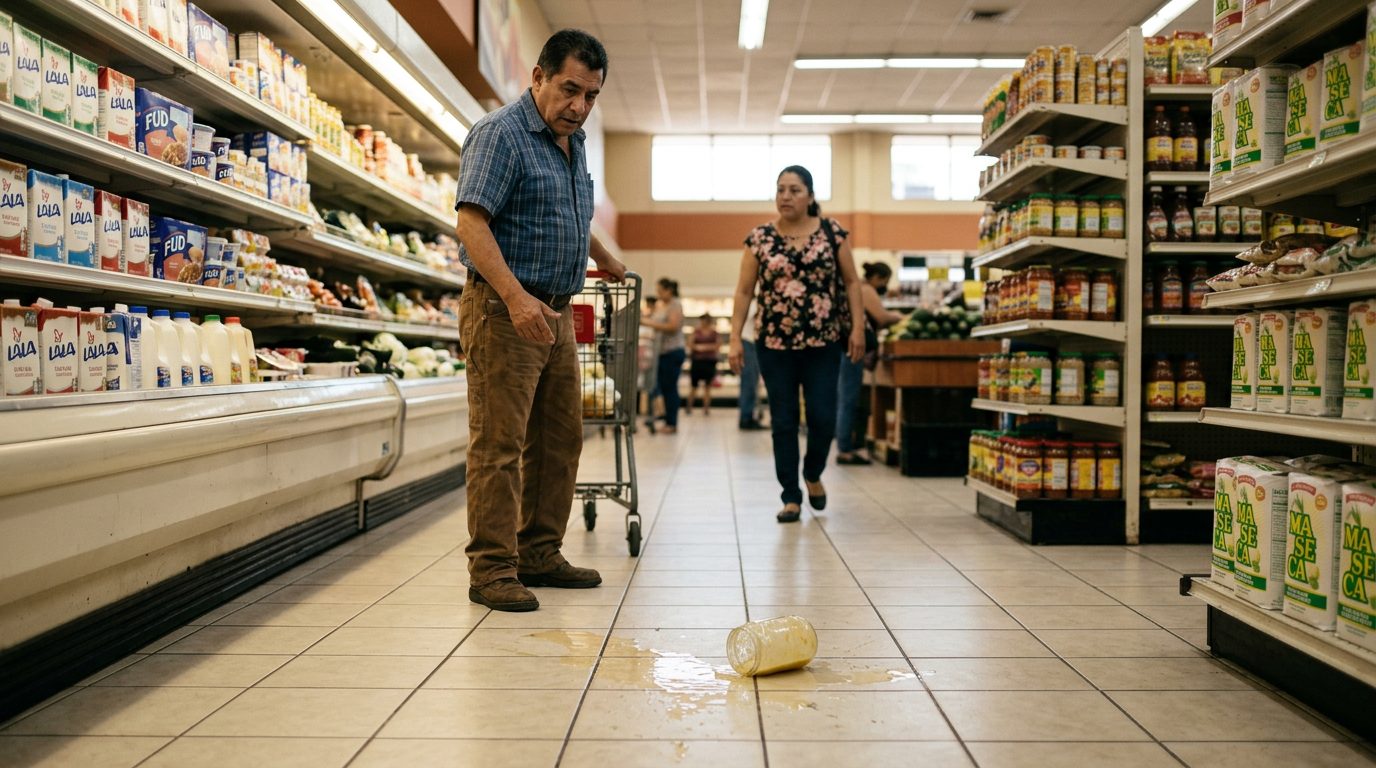 Persona resbalando en piso mojado dentro de un establecimiento comercial.