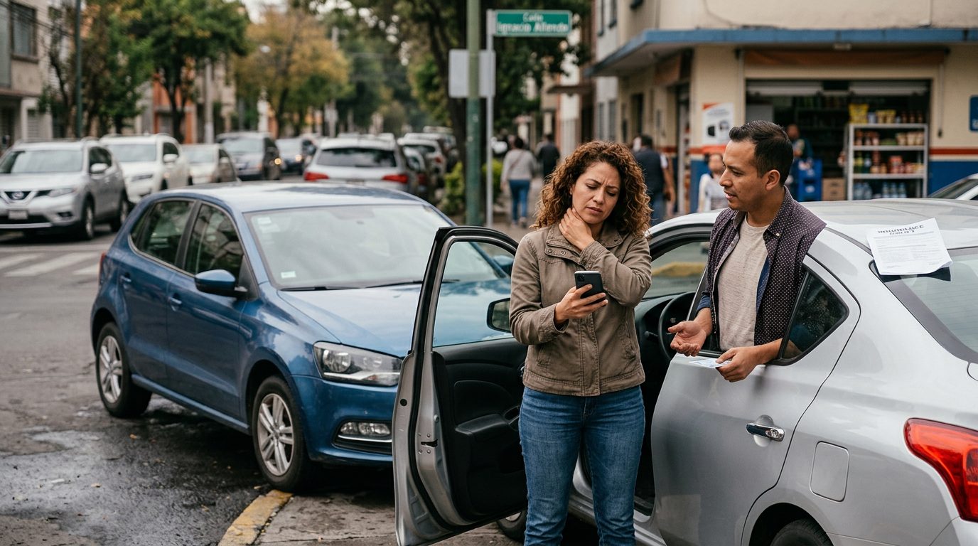 Persona revisando documentos de reclamo junto a automóvil dañado en accidente.
